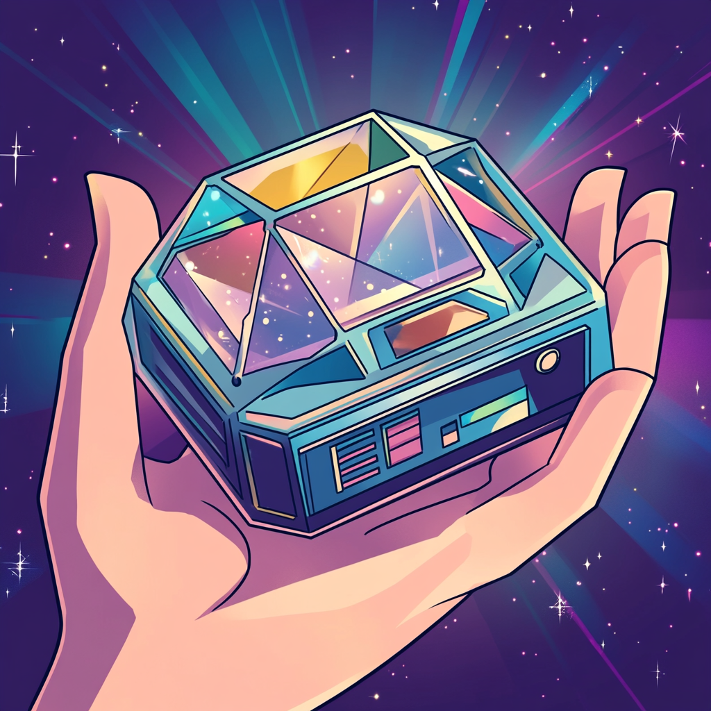 Gem-shaped badge with boombox design, disco background, fantasy style.