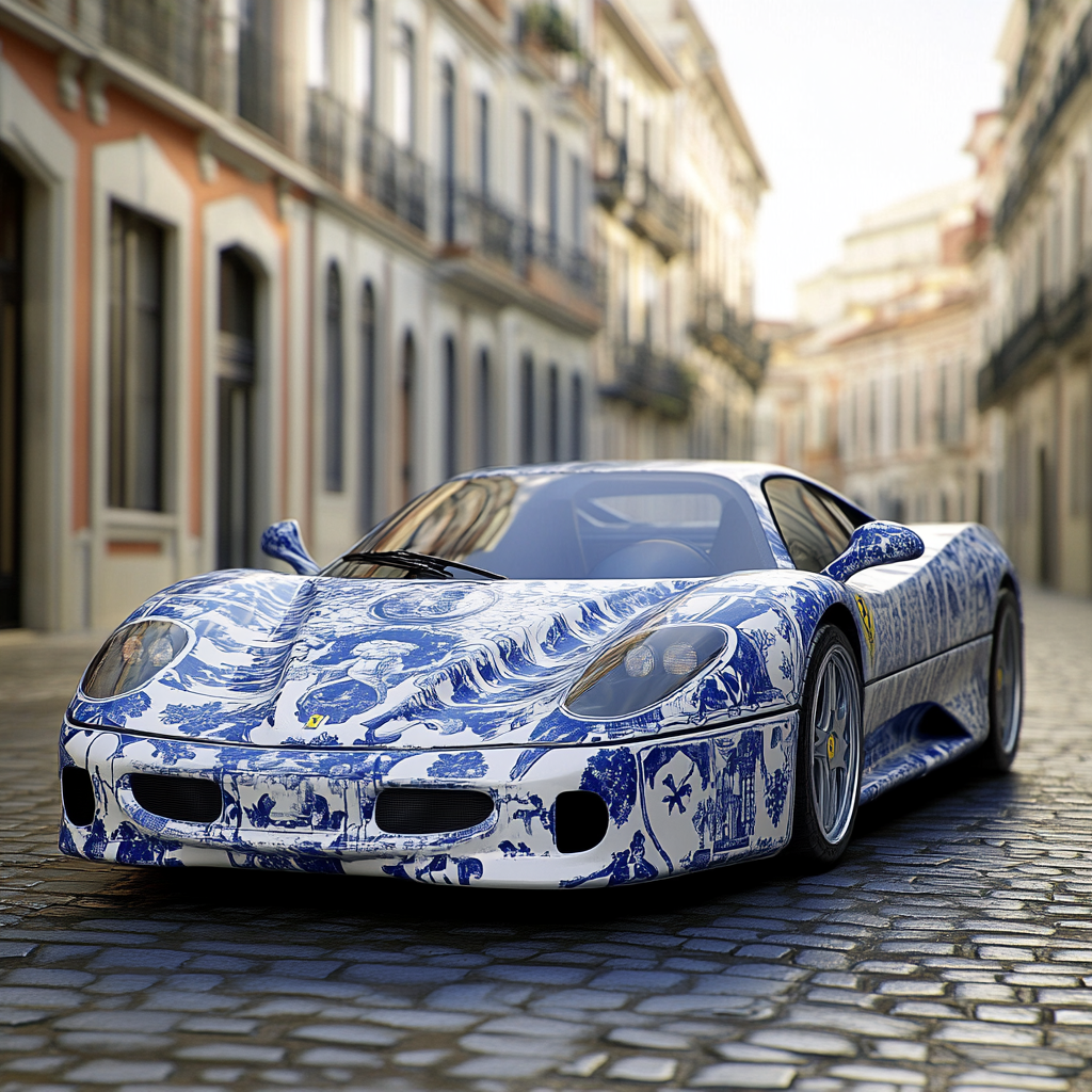 Generate photorealistic image: Ferrari F50 in traditional Portuguese azulejo tiles.