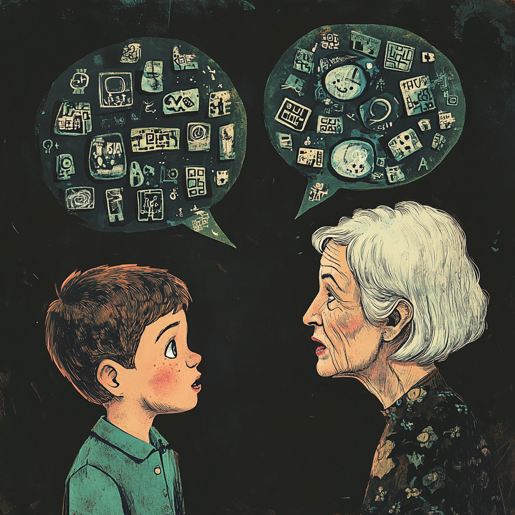 Generational Communication Gap: Boy and Elder Woman Talking with Symbols