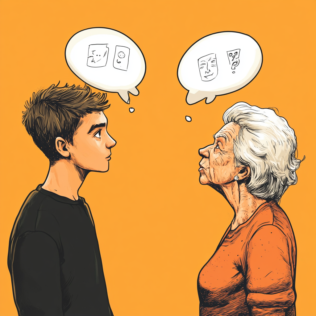 Generational Communication: Young Man, Elder Woman, Word Balloons