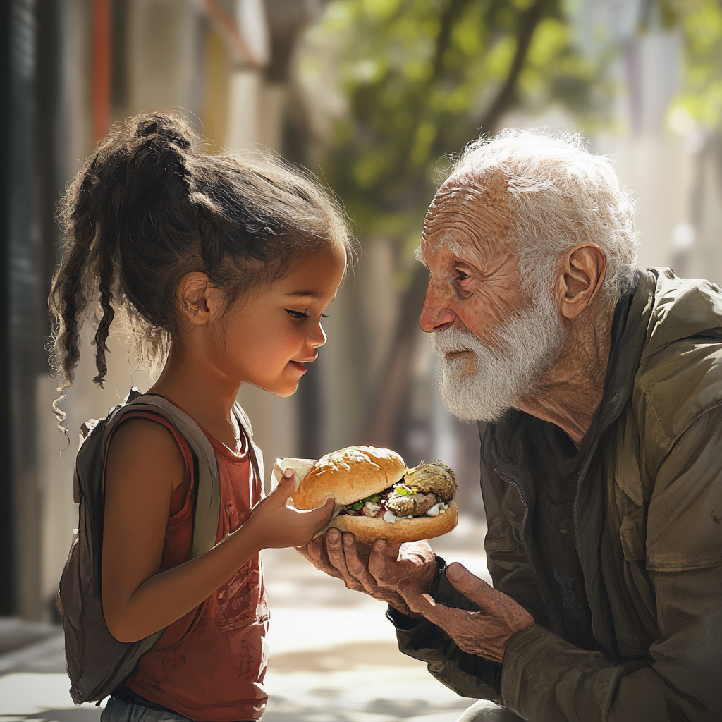 Generous 5-year-old girl offers sandwich to man on skid row during daylight, 8K photo. 