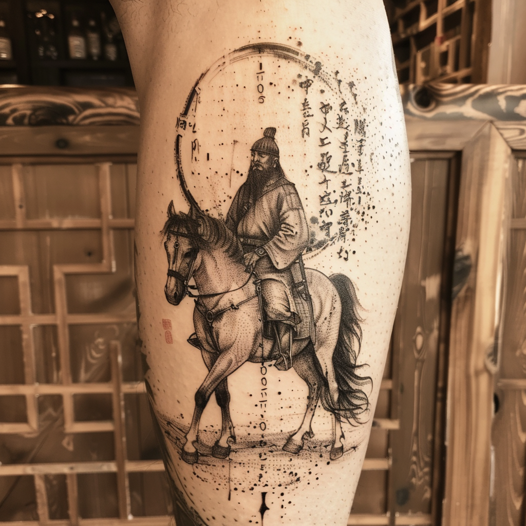 Genghis Khan tattoo with quote punishment of God concept.