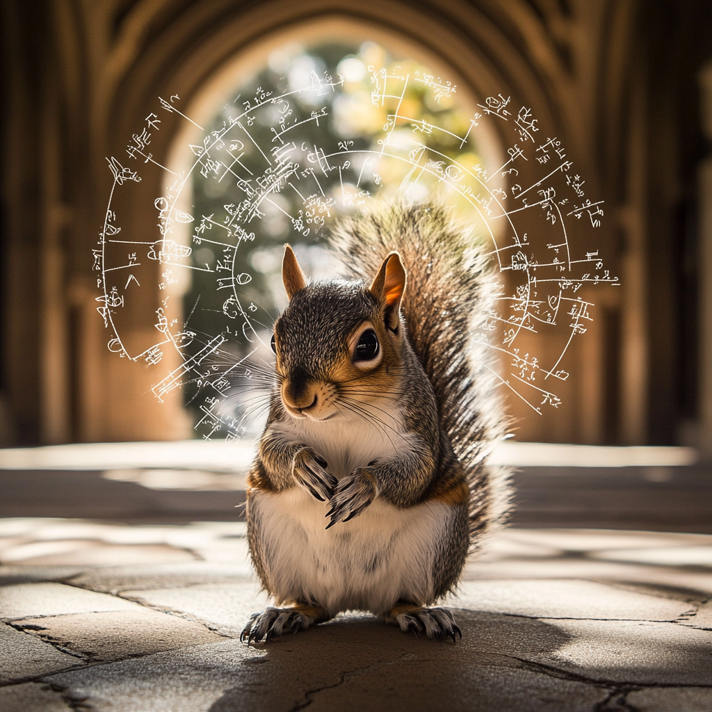 Genius Squirrel with Math Equations in Pixar inspired world