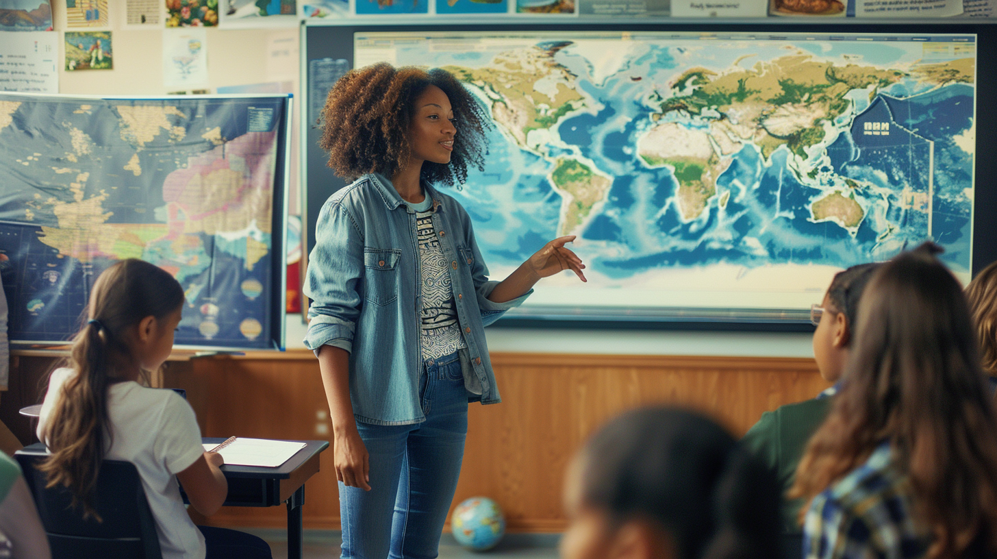 Geography teacher teaching students with map on screen.