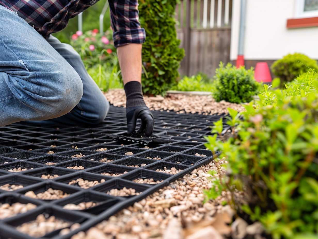 Geogrid installation on garden slope by man in backyard.