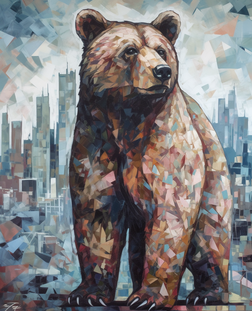 Geometric cubism bear in oil painting style.