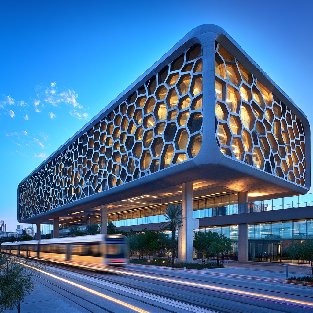 Geometric honeycomb building with reflective stone panels and train.