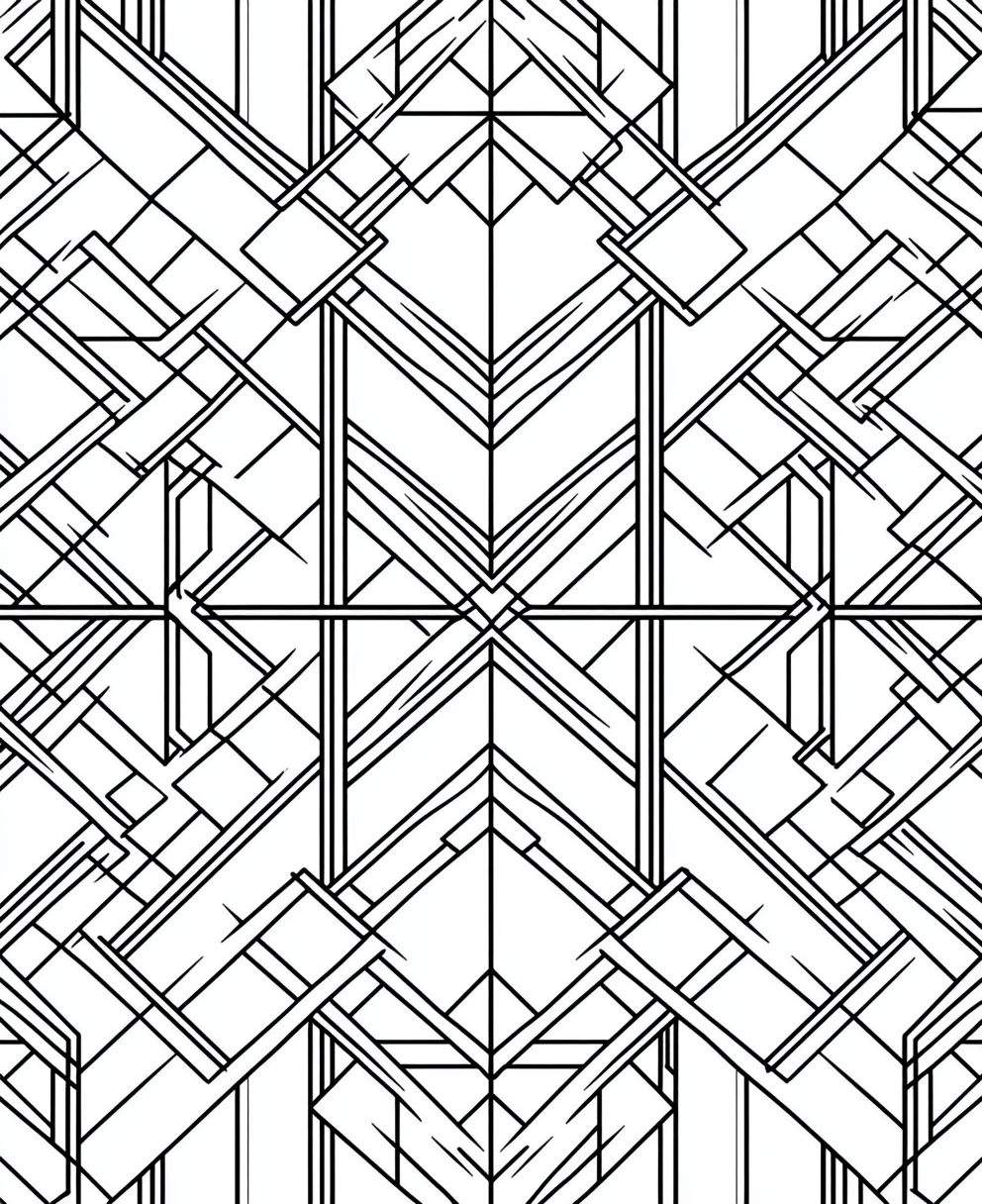 Geometric shapes and lines create intricate black pattern.