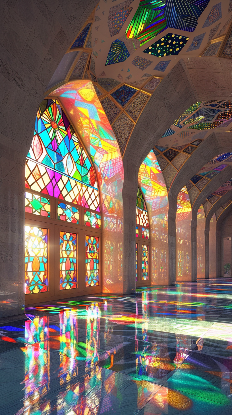 Geometrical stained-glass windows and futuristic arched pillars.