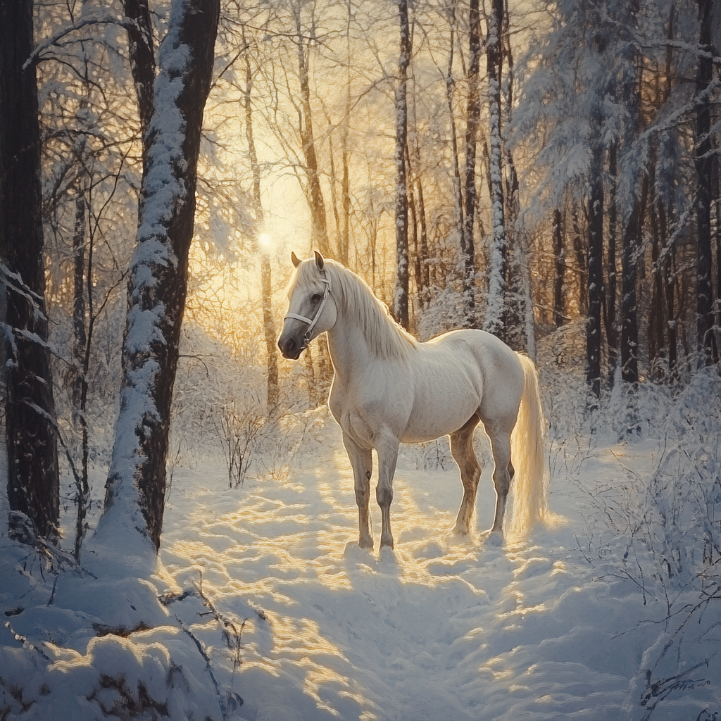 George Washington's white horse in snowy forest at Valley Forge.