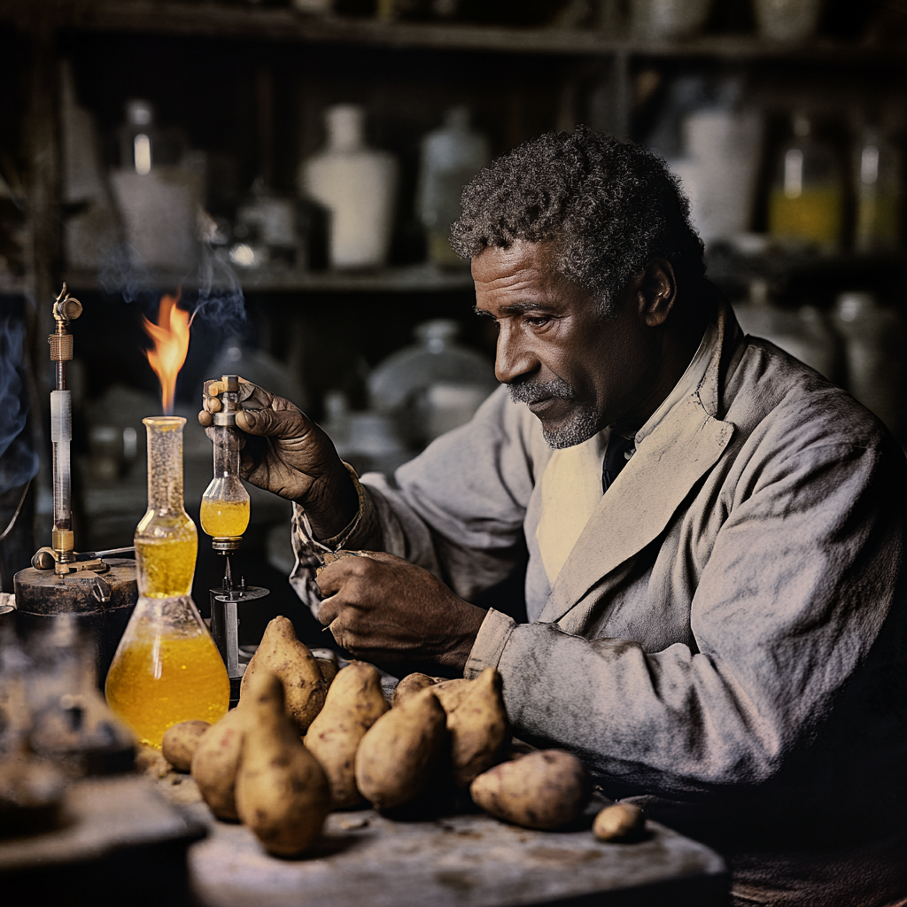 George Washington Carver in old lab with experiments.