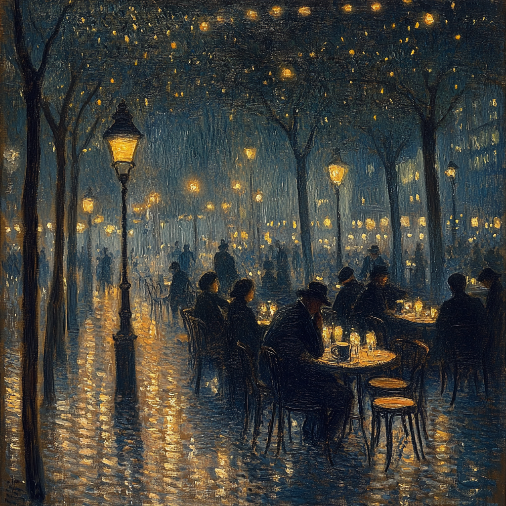 Georges Seurat painting of Paris at night scene.