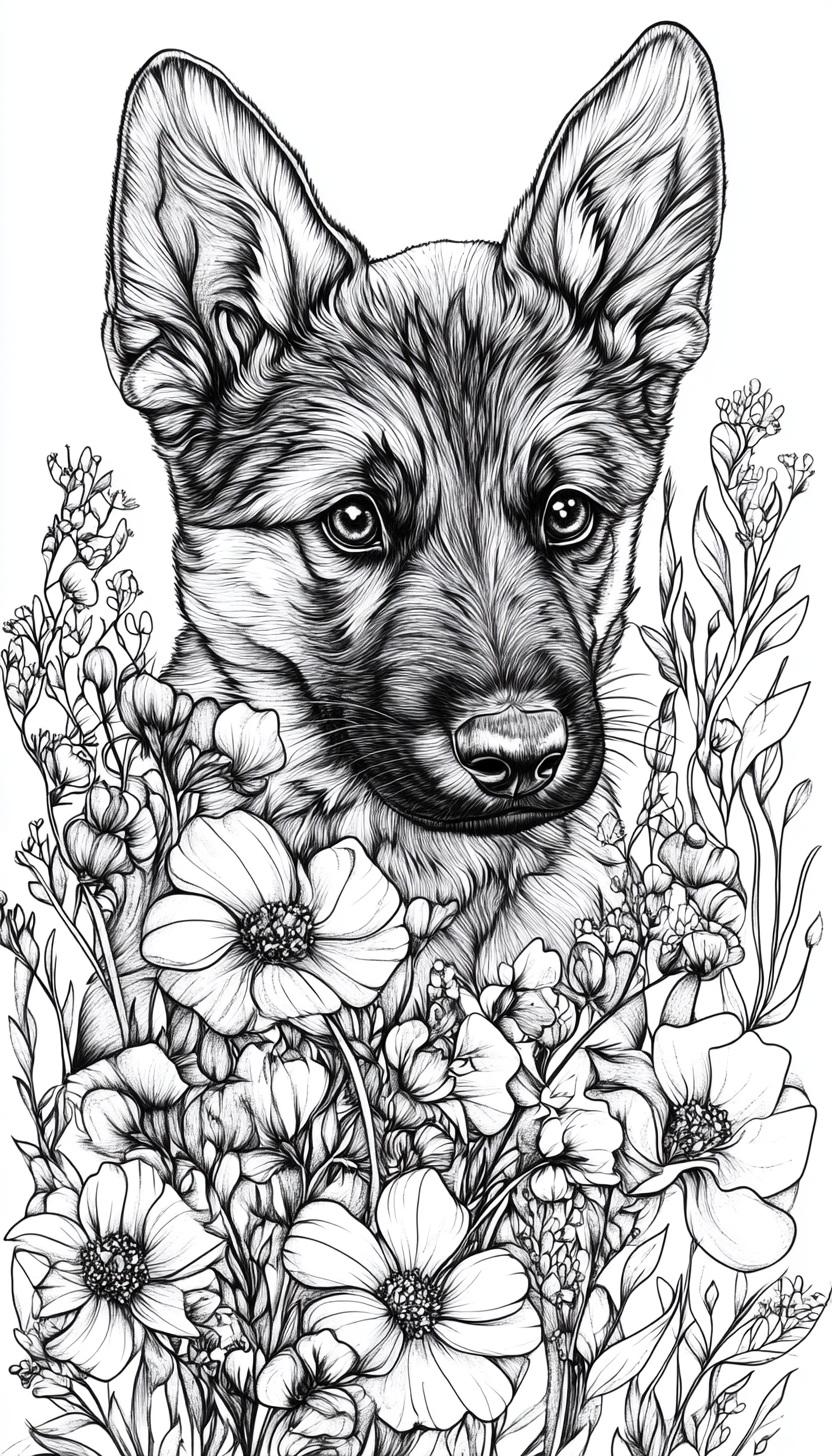 German Shepherd Puppy Coloring Page in Flowers