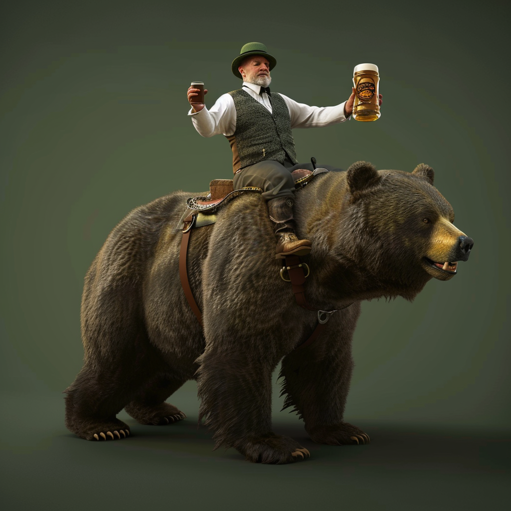 German man on bear with beer, green background.