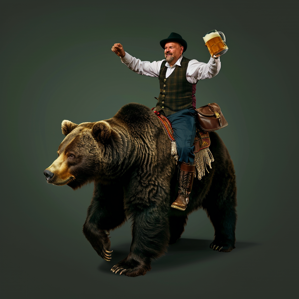 German man riding large bear holding beer mug Oktoberfest.