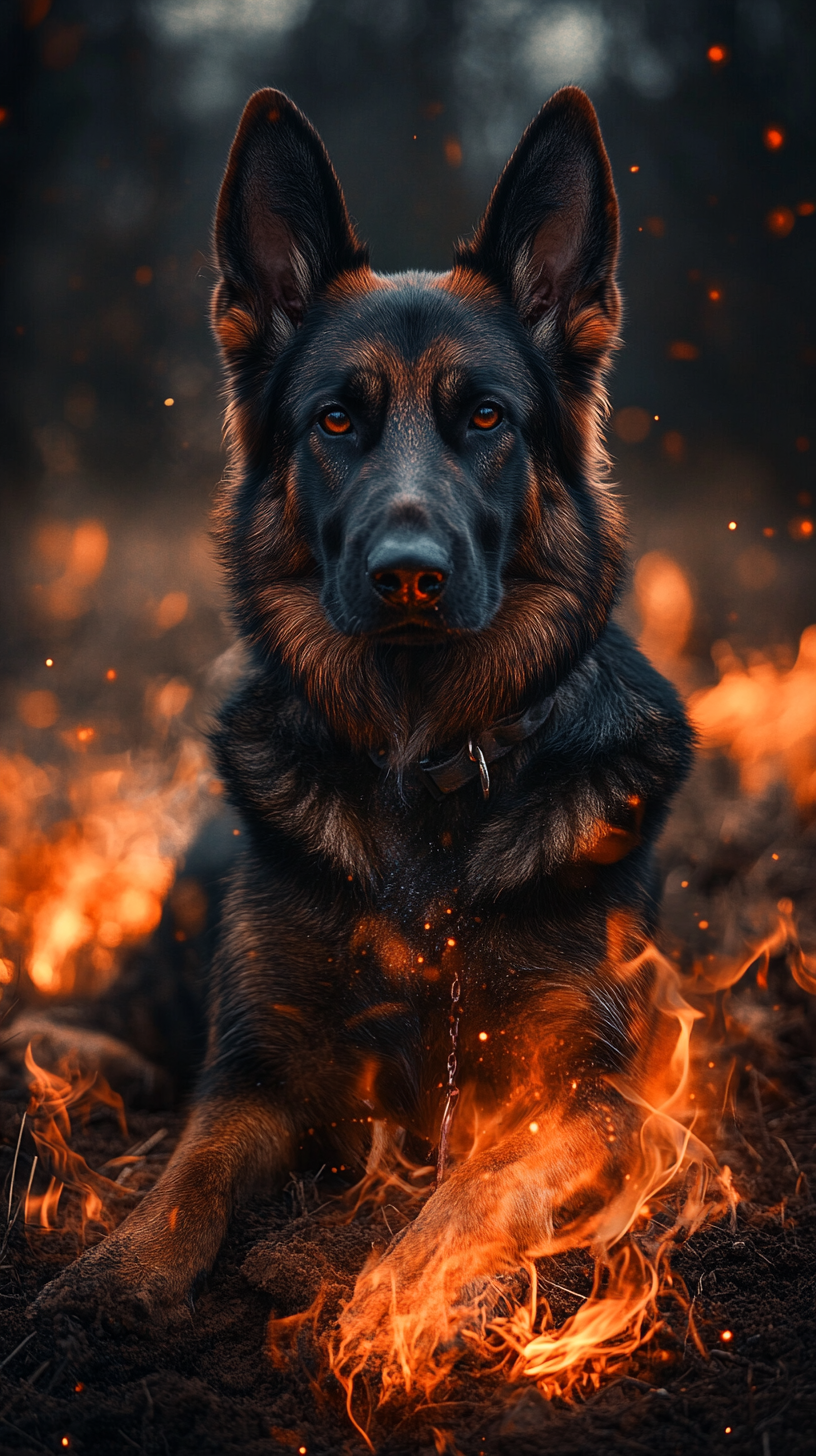 German shepherd dog with fire powers, black fur with red and orange flames, eyes glowing with fiery light, flames dancing around paws and tail, fire scene in background.