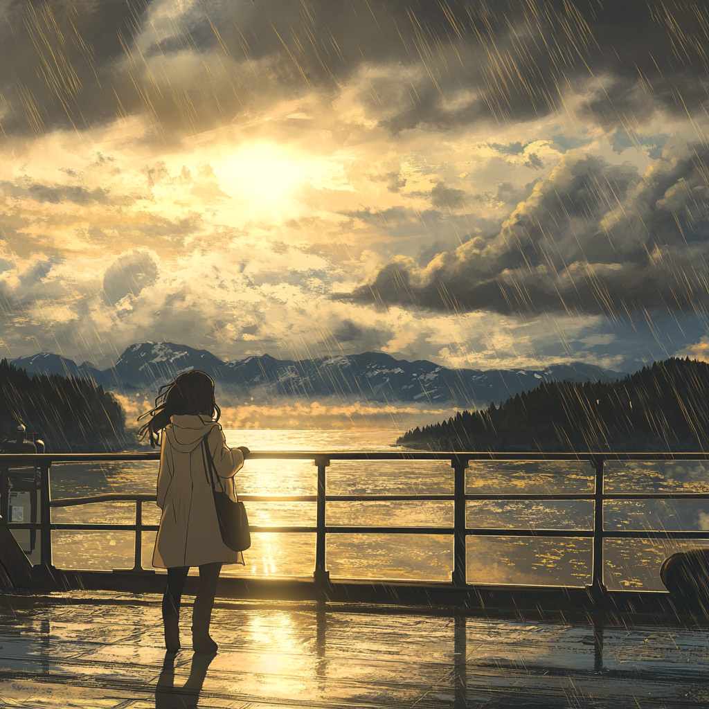 Ghibli-like magical realism: girl on ferry, Washington State.