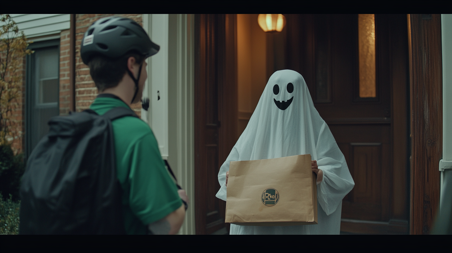 Ghost Receives Uber Eats Delivery on Halloween