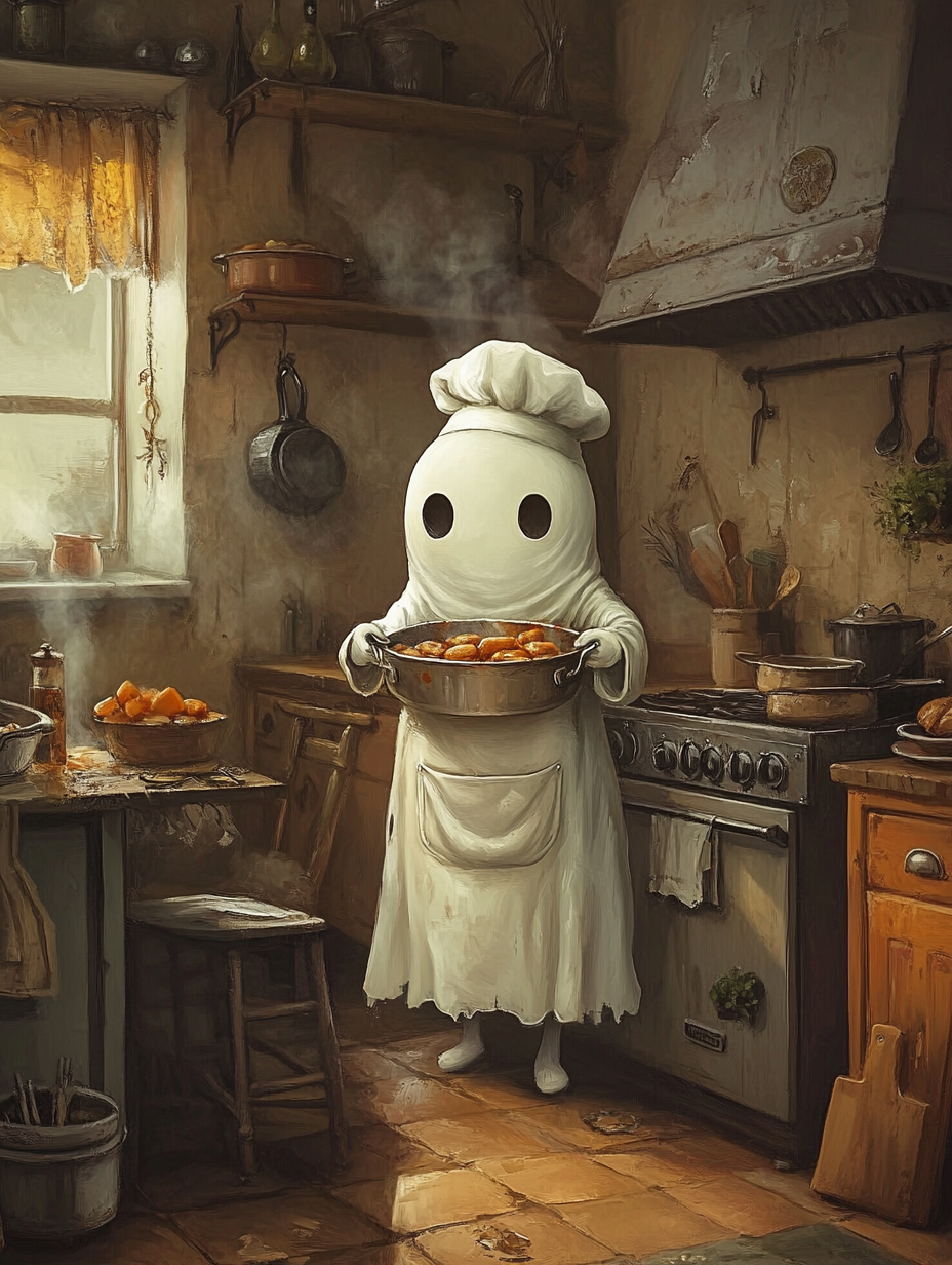 Ghost cooking in kitchen with food pots, fantasy art.