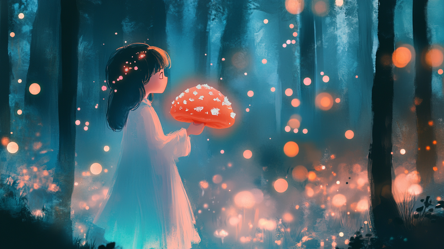 Ghost girl holding cute pink orange mushroom in forest.