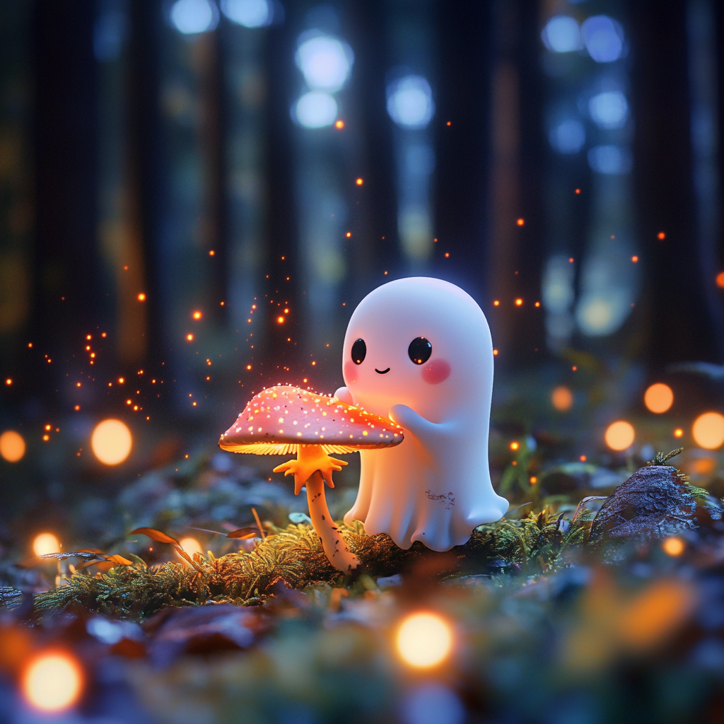 Ghost holding colorful mushroom in enchanted forest setting.