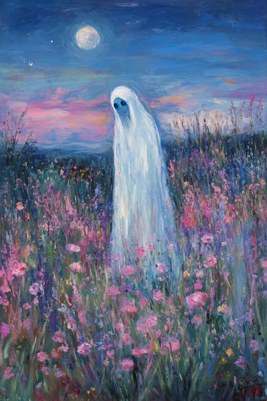 Ghost in pink & purple flower meadow at dusk.