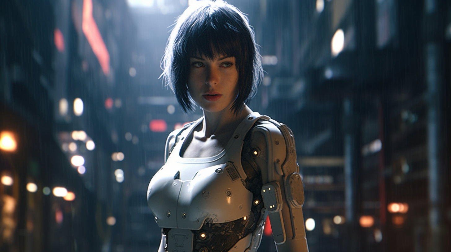 Ghost in the Shell character in detailed cyberpunk setting.