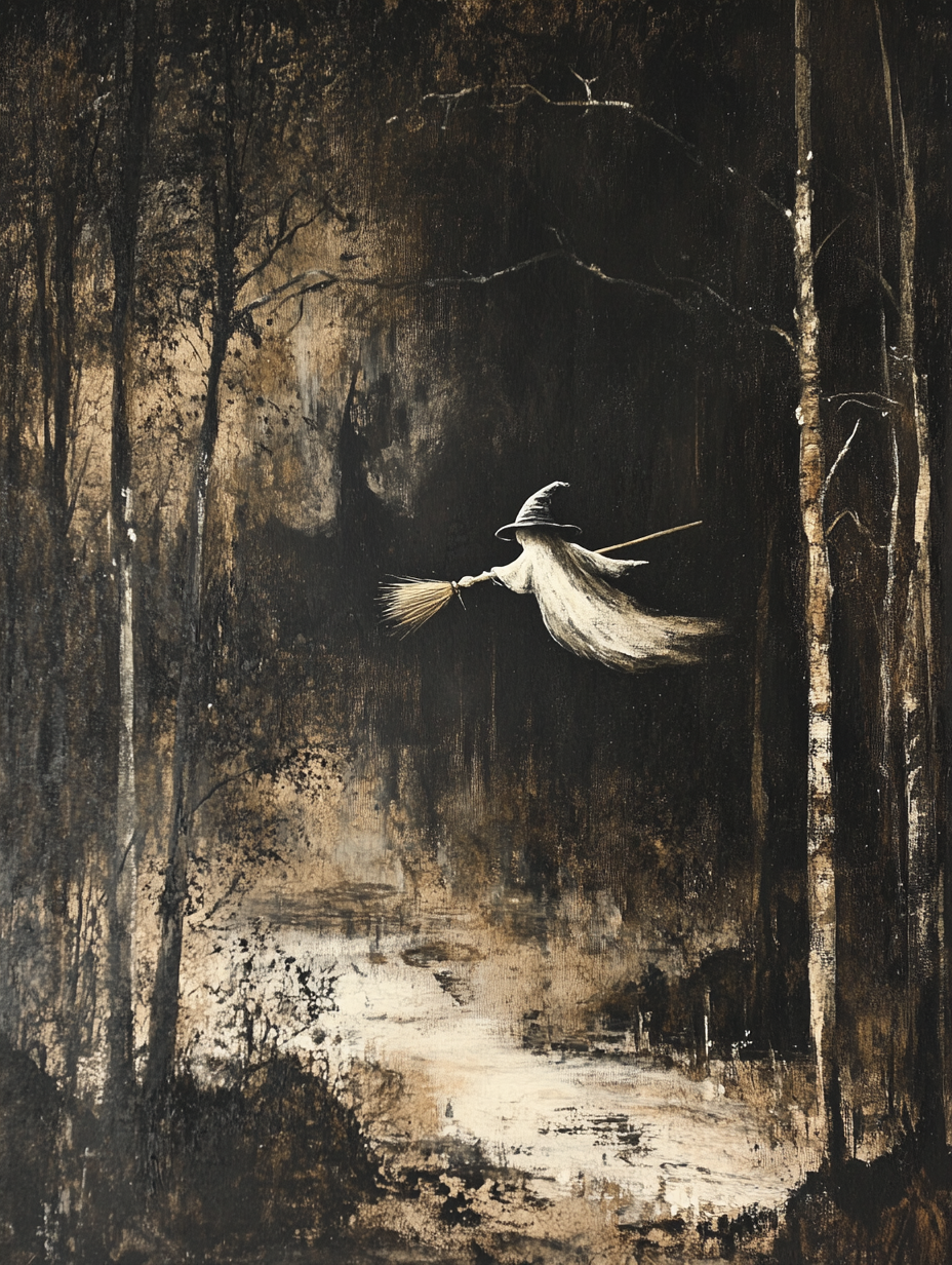 Ghost in witch hat flying on broom in woods.