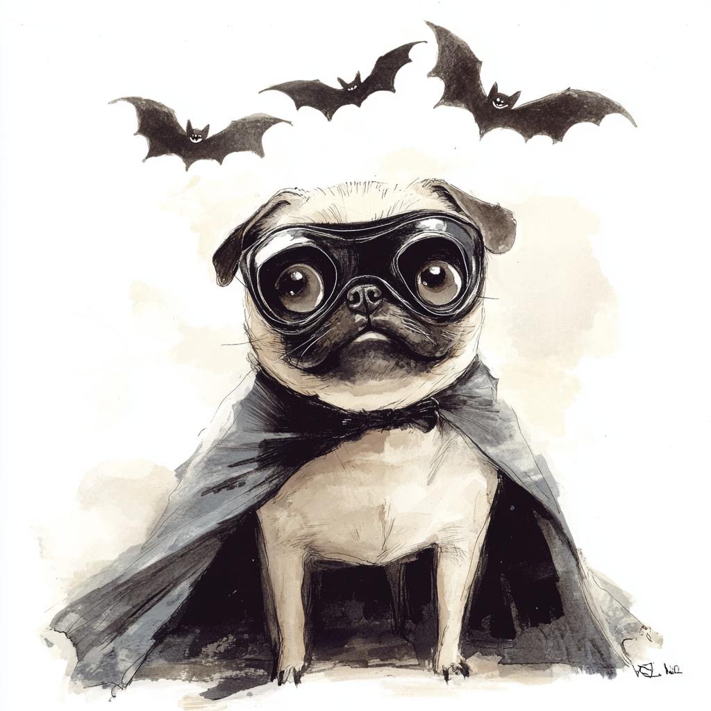 Ghost pug in half opera mask with cape, ready to howl.