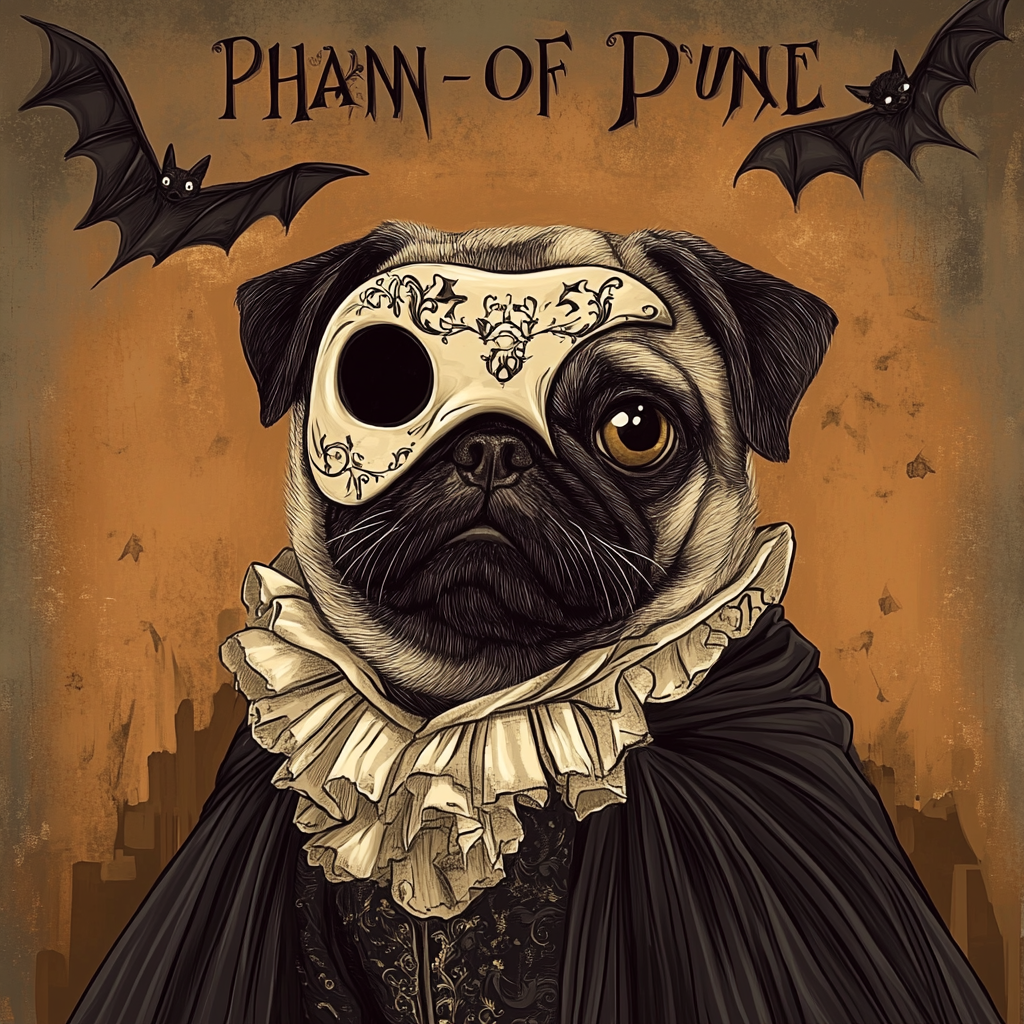 Ghost pug in mask and cape, ready to howl.