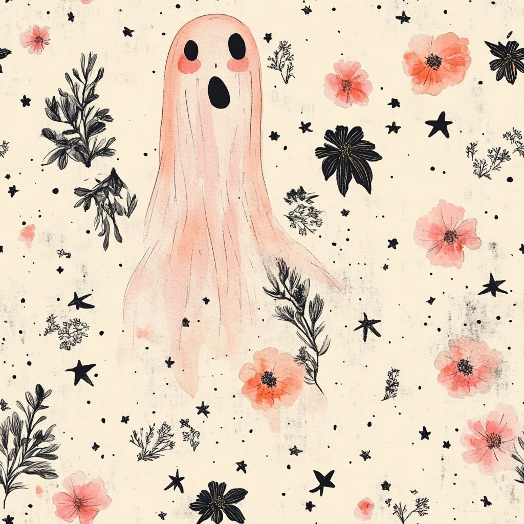 Ghost with flowers, stars, pink, orange, black, creme.