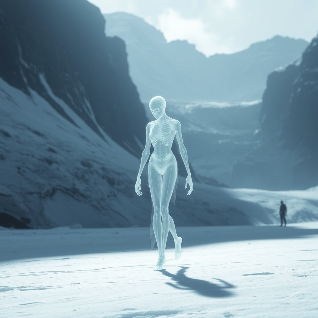 Ghostly Figure Walking in Icy Glacier Landscape