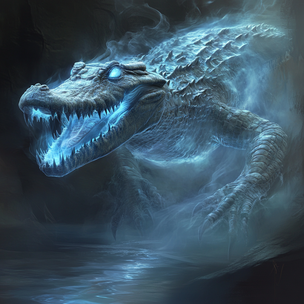 Ghostly crocodile with glowing eyes, translucent scales, ethereal movements.