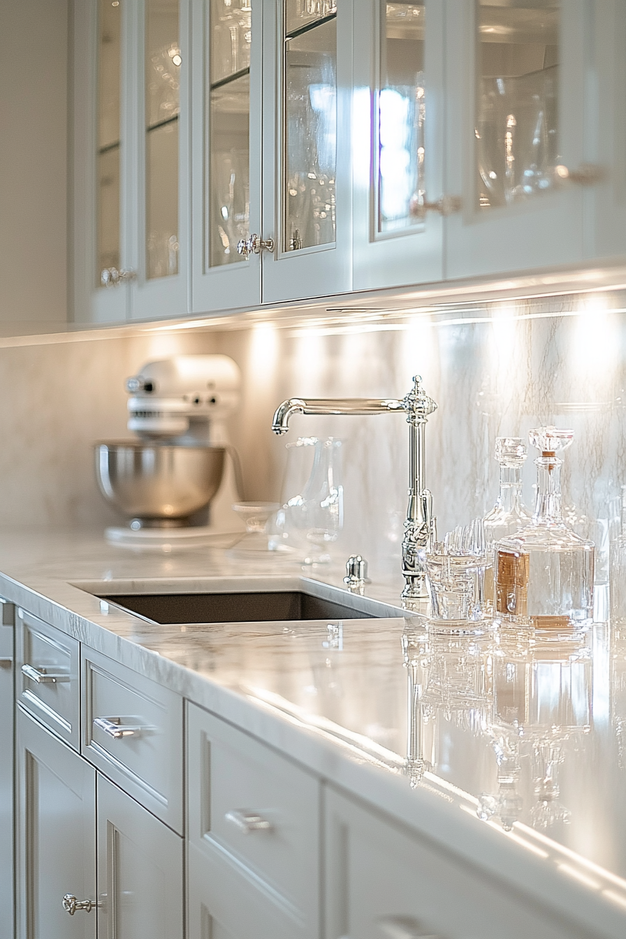 Ghostly elegant kitchen with pale tones and lighting. Spectral.