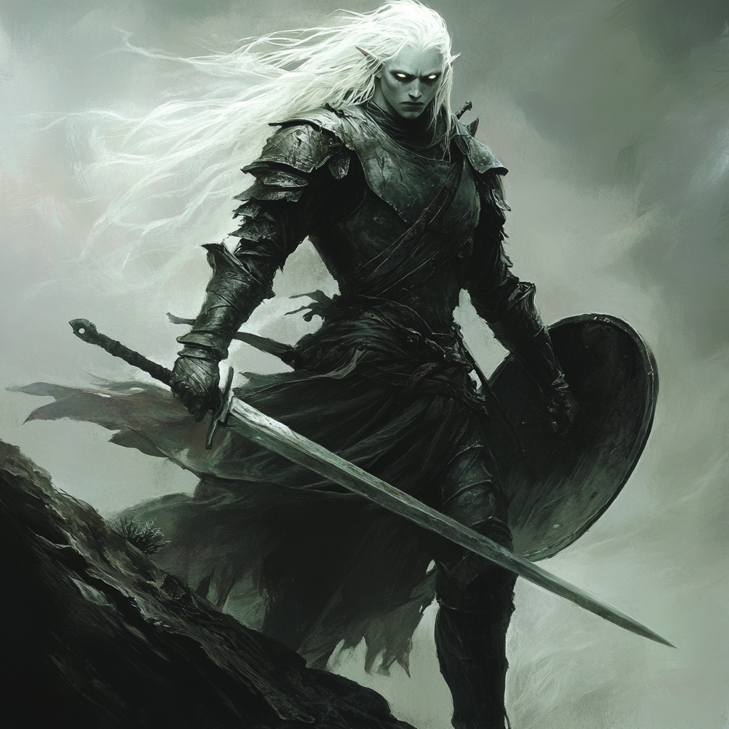 Ghostly elf warrior in shadowy armor stands resolute.