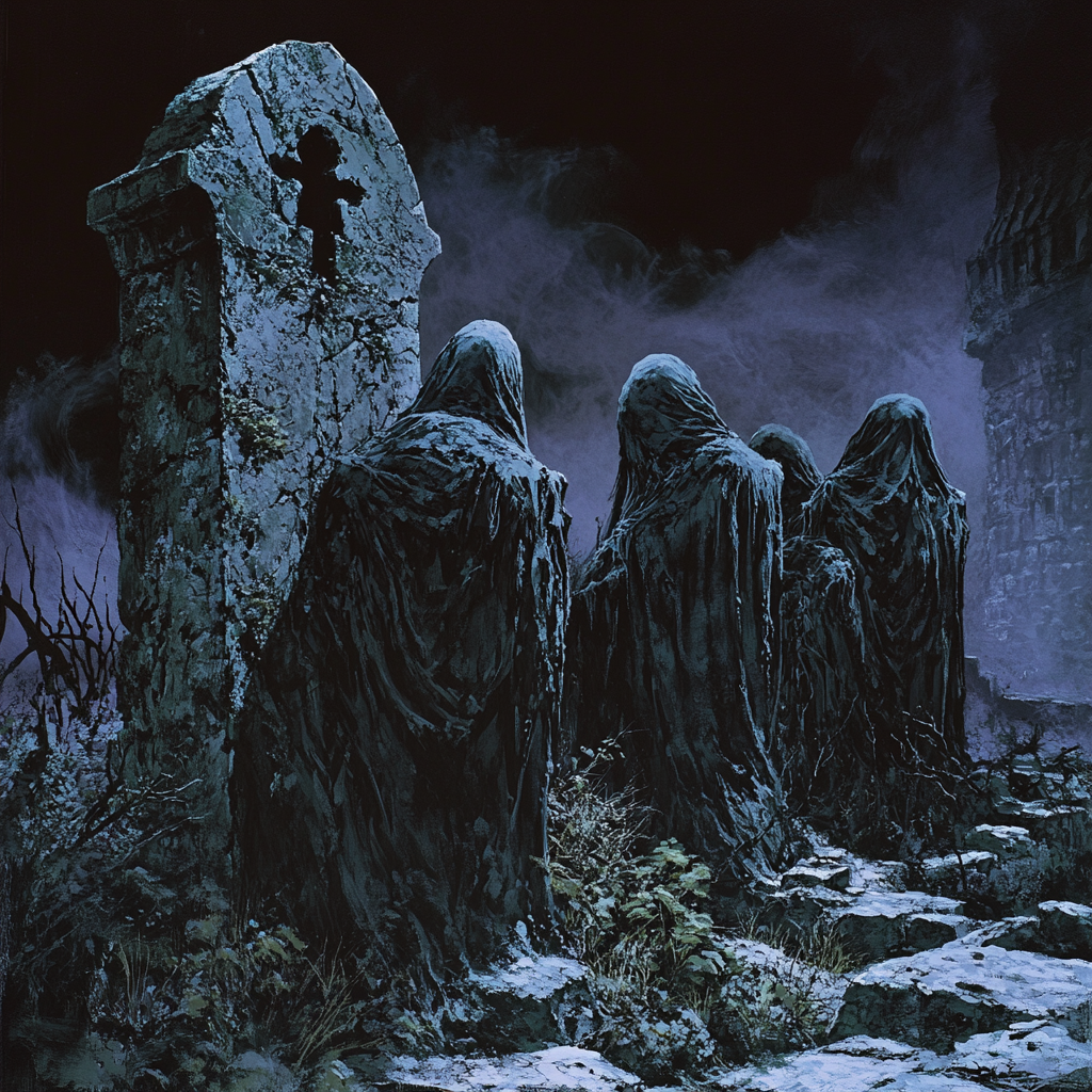 Ghostly figures behind grave in dungeon-synth style image.