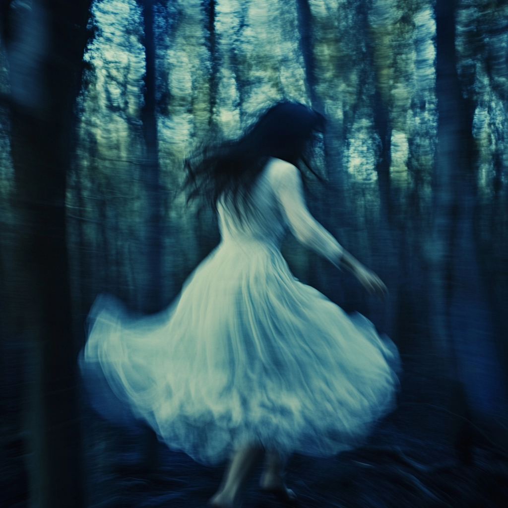 Ghostly girl in white boho fashion in dark forest.