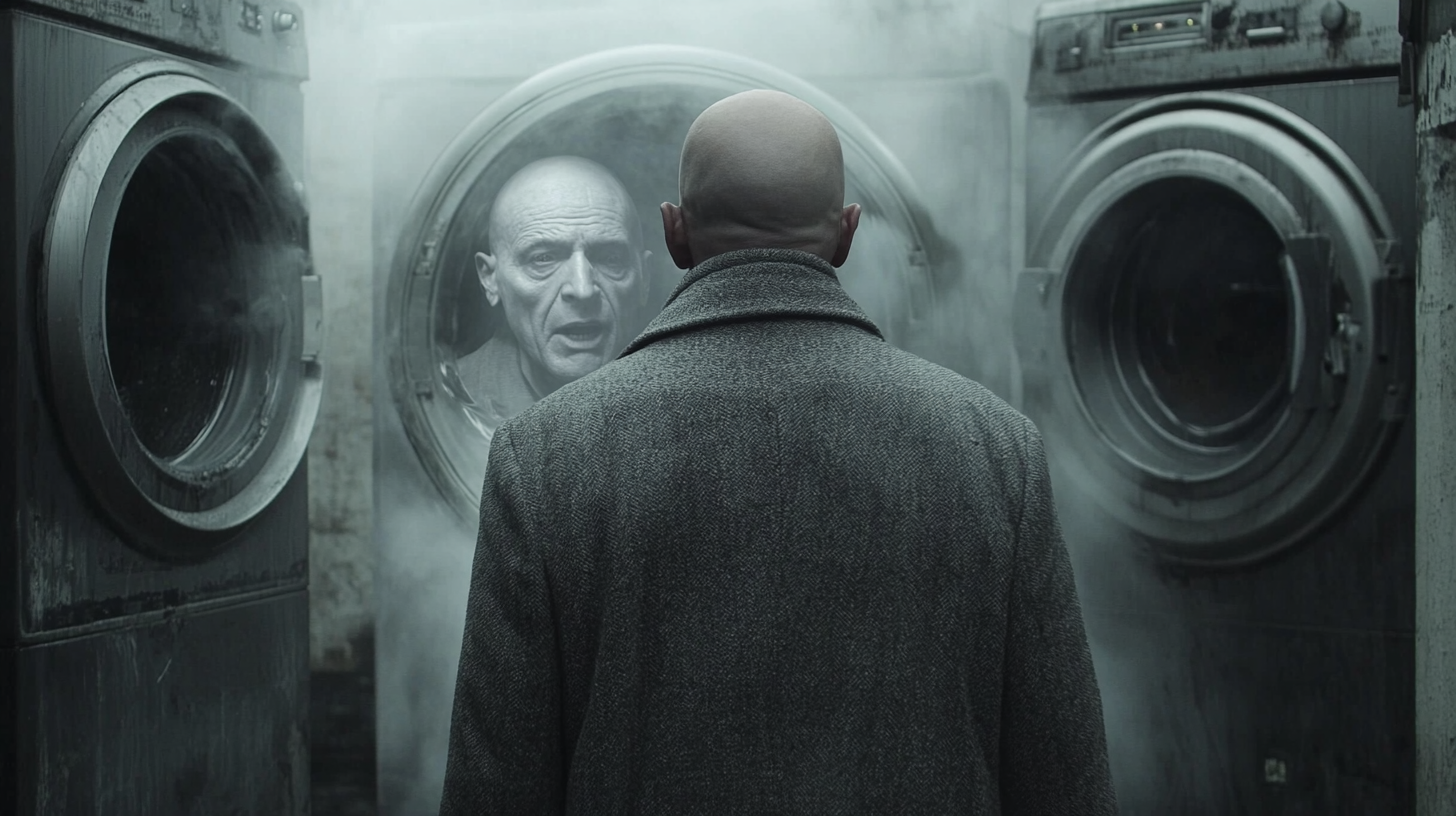 Ghostly man speaks to bald man at washing machine.