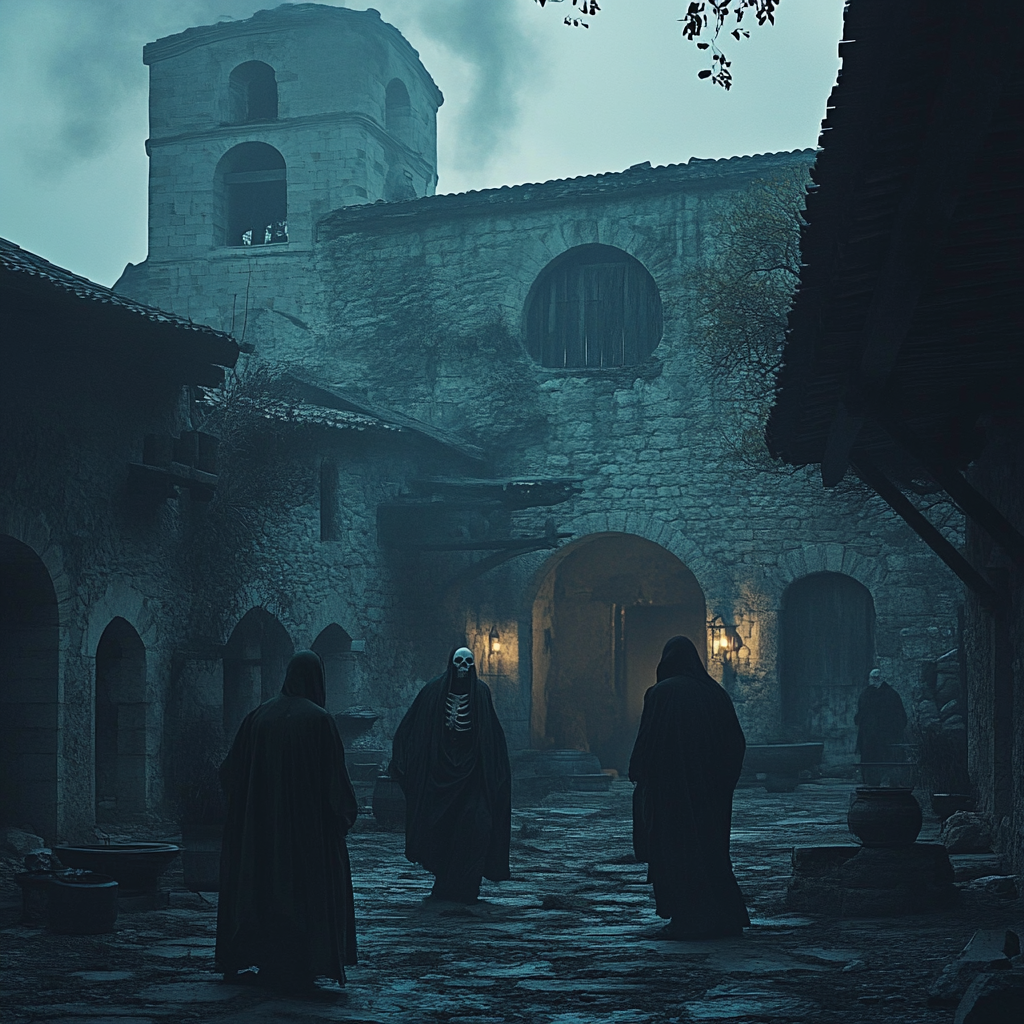 Ghostly monk appears, people terrified, old monastery courtyard, spooky.