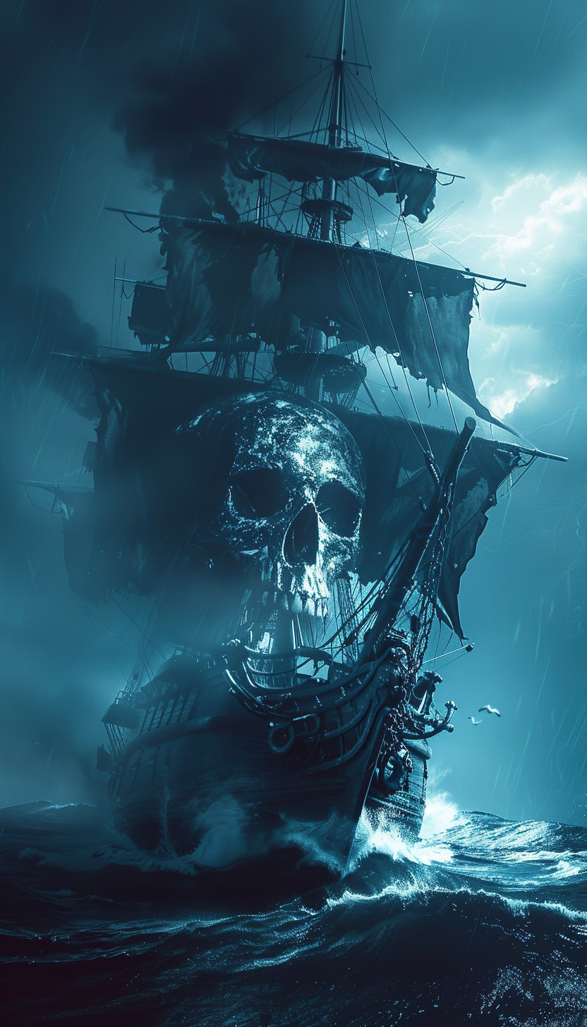 Ghostly skull-shaped ship sailing on dark ocean, eerie mystery.