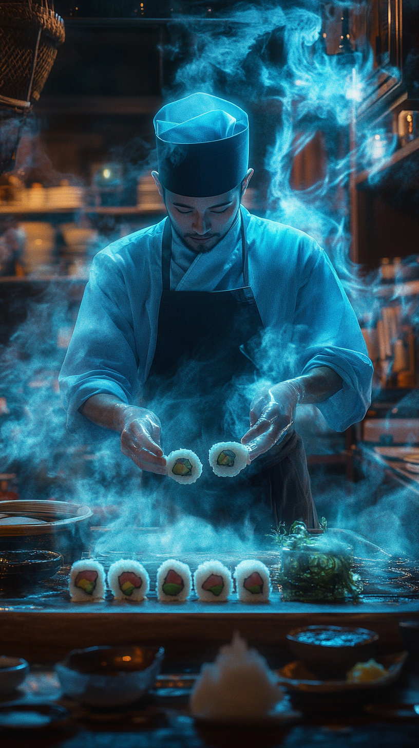 Ghostly sushi chef making spooky floating rolls.