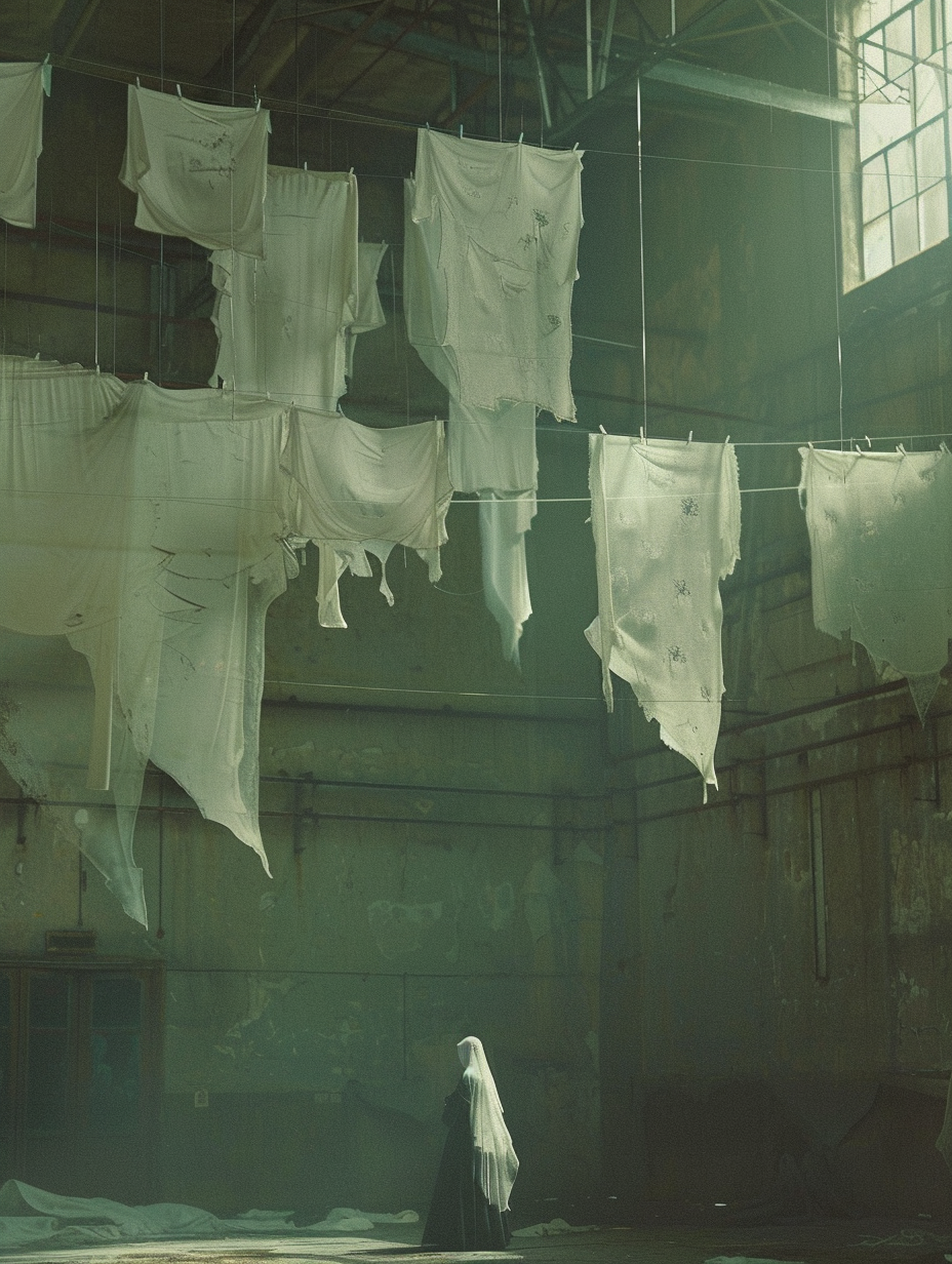 Ghosts hanging on clothesline as witch casts spell.