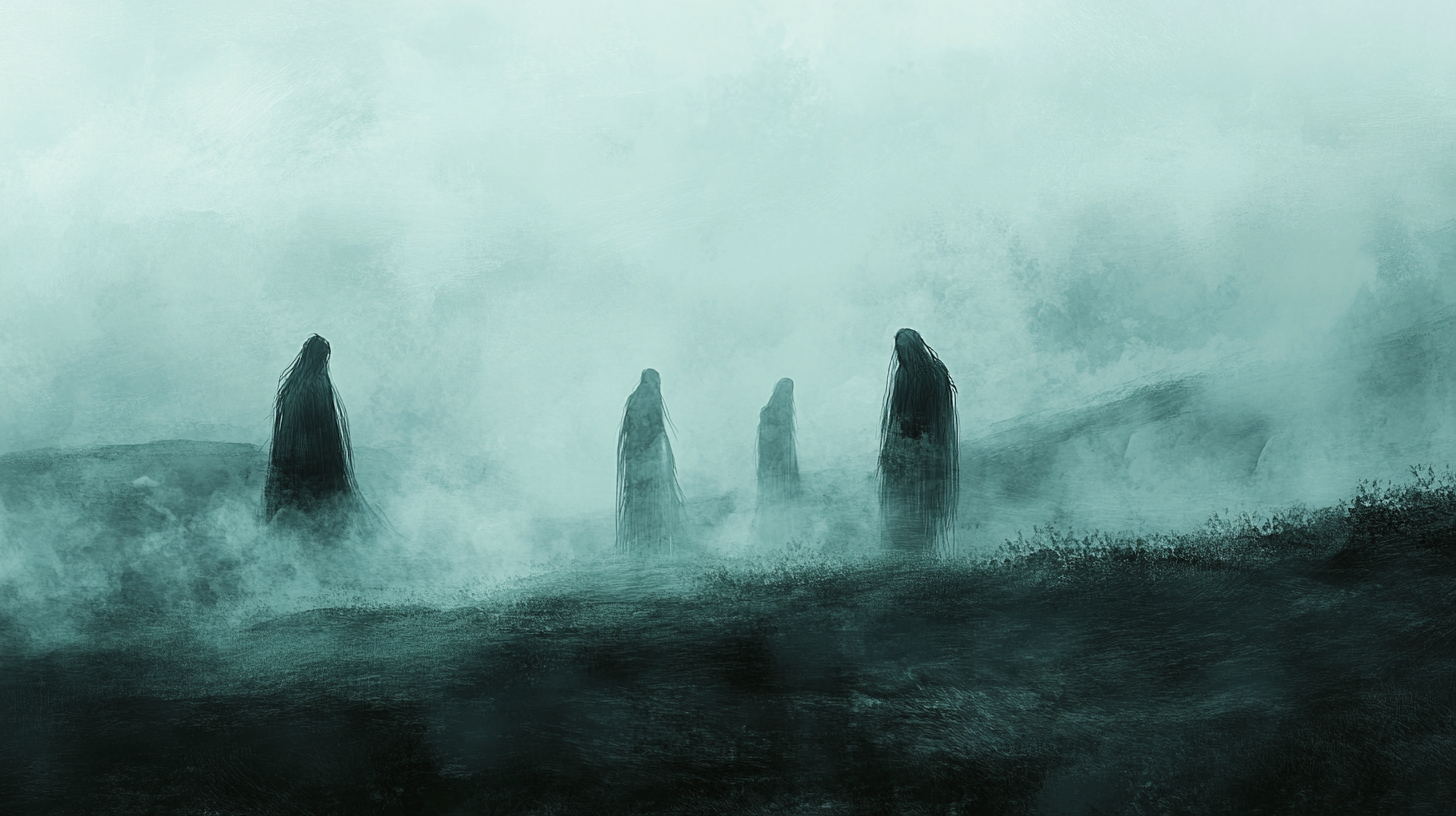 Ghosts in misty landscape on Samhain hills