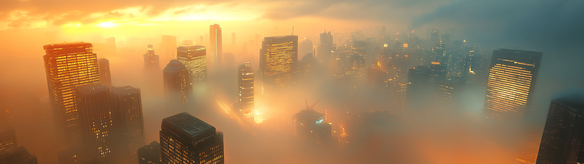 Ghosts of skyscrapers illuminated in foggy background lighting.