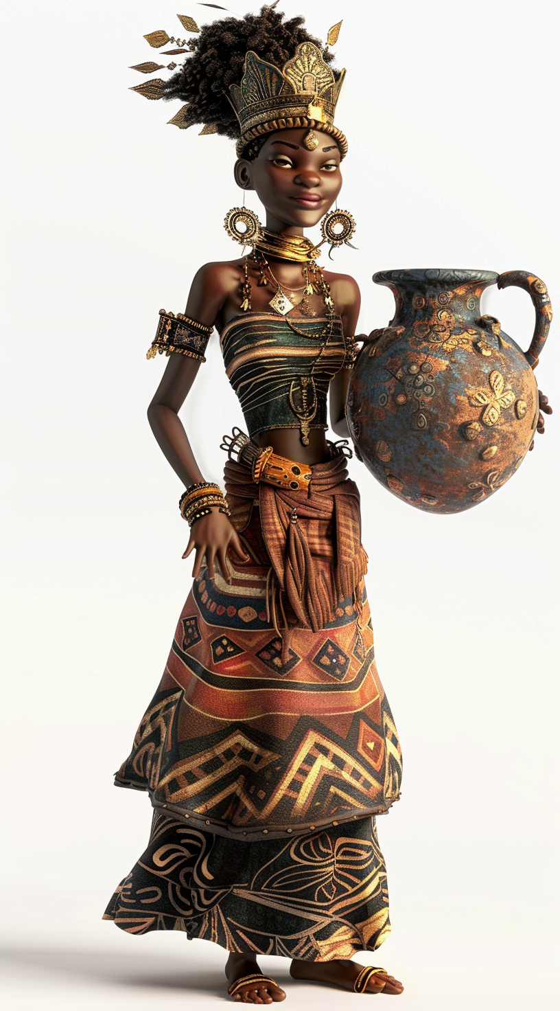 Giant African princess in fine attire with crown and pot.