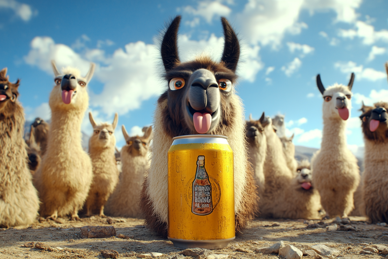 Giant Beer Can with Funny Llamas Around.