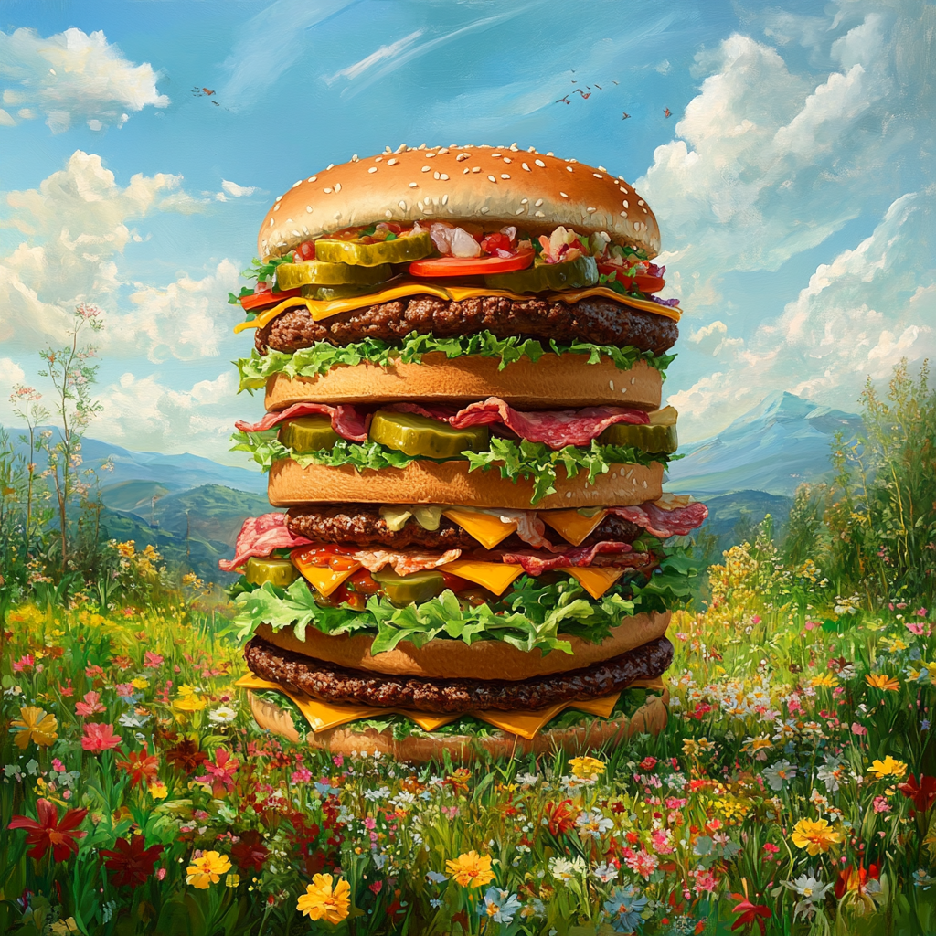 Giant Big Mac in flowery glade with mountains.