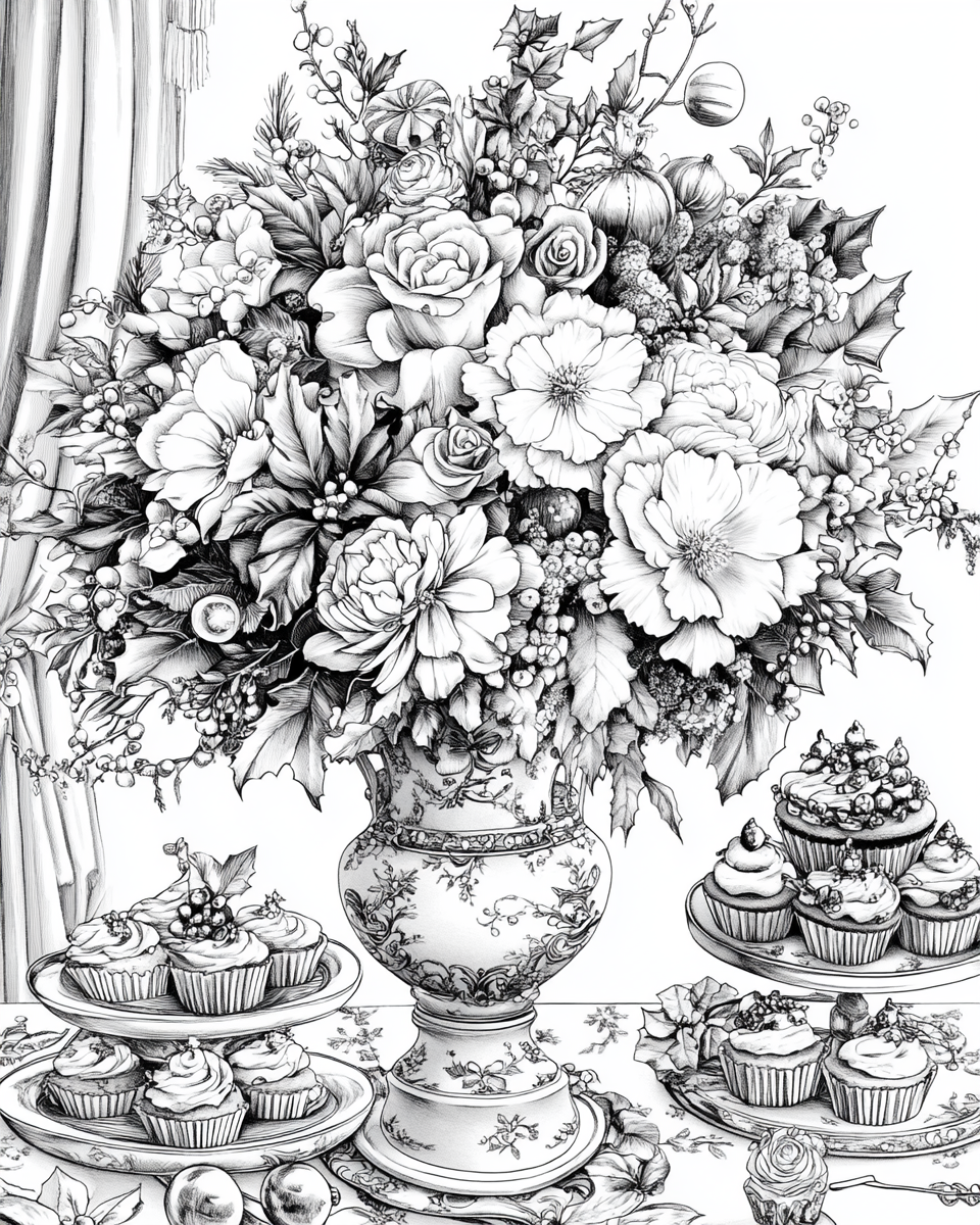 Giant Christmas Flower Coloring Page with Desserts