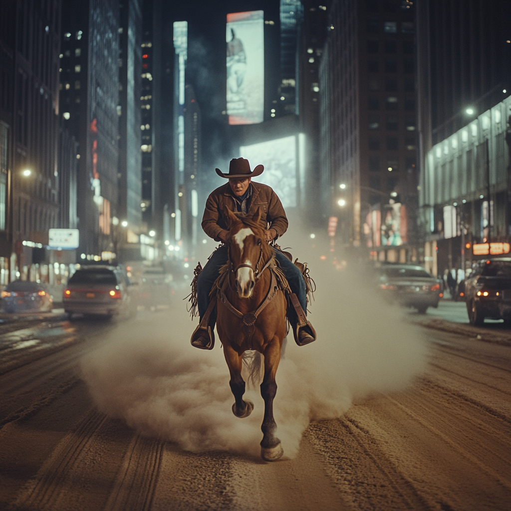 Giant Cowboy Horse Ride in Urban Night Street