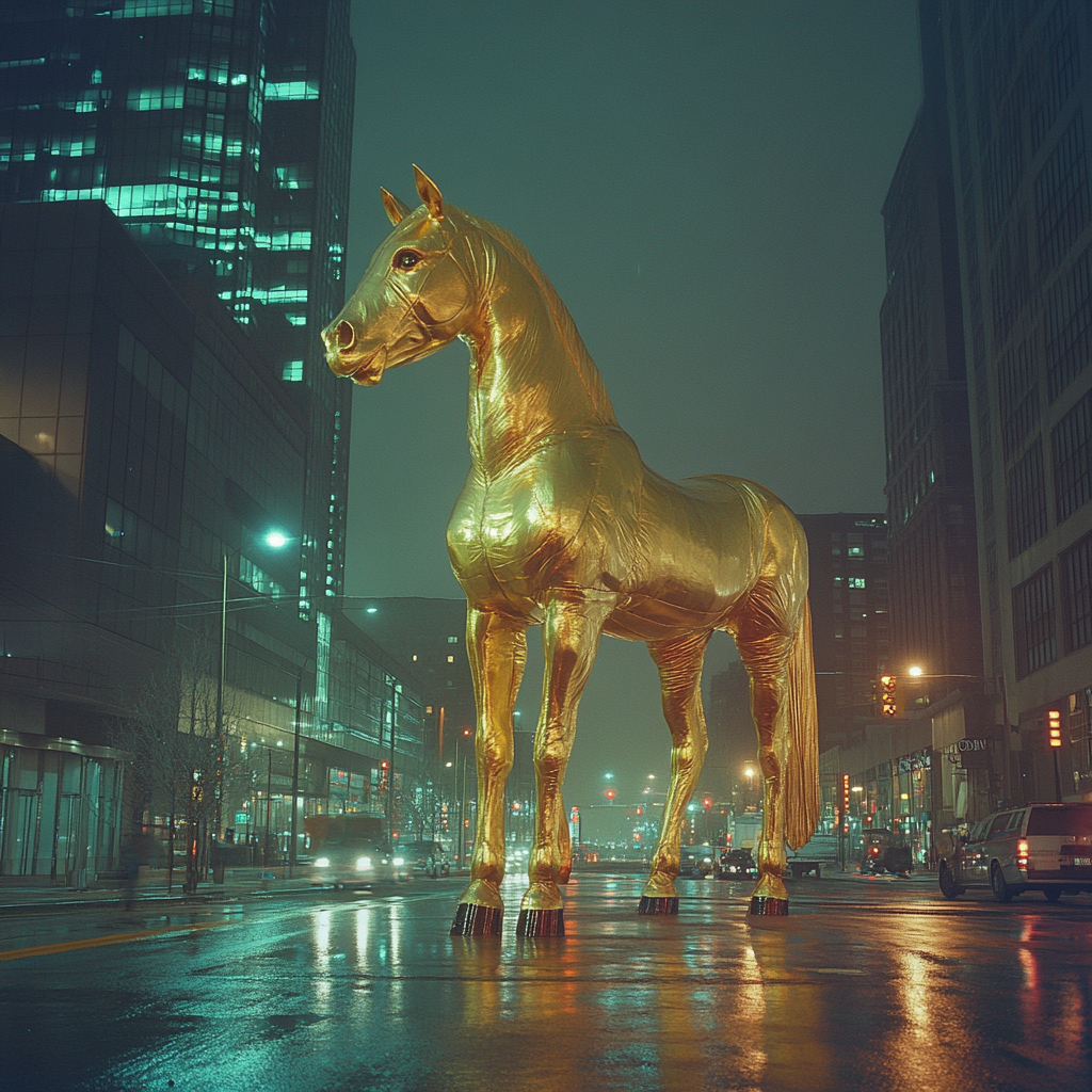 Giant Golden Horse in Unreal City Street at Night